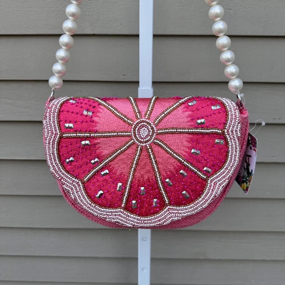 Kayu Limited Edition Pink Grapefruit Beaded Pearl Strap Shoulder Bag Novelty